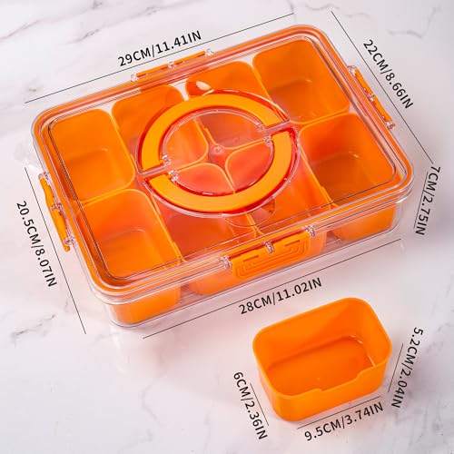 WACOI Divided Snack Serving Tray with Lid and Handle Travel Snackle Charcuterie Container Portable Storage Organizer for Candy, Fruits, Nuts, Snacks, Party, Picnic (1pack, Orange) - color: Orange