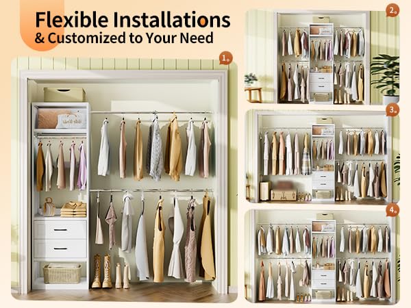 79"H Closet System, 2-8.2FT Metal Closet Organizer with 4 Expandable Hanging Rods, Walk In Closet Organizers and Storage, Clothes Closet with 5 Hanging Zones, 2 Drawers, 2 Shelving Towers