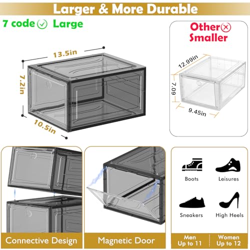 7 code Large Clear Shoe Boxes Organizer【Thicker Material】 Stronger Shoe Box with Magnetic Door, Stackable Shoe Storage Box for Closet, Foldable Space-Saving Storage Bins Shoe Cabinet, Black 9-Pack - color: Black, size: 9 pcs
