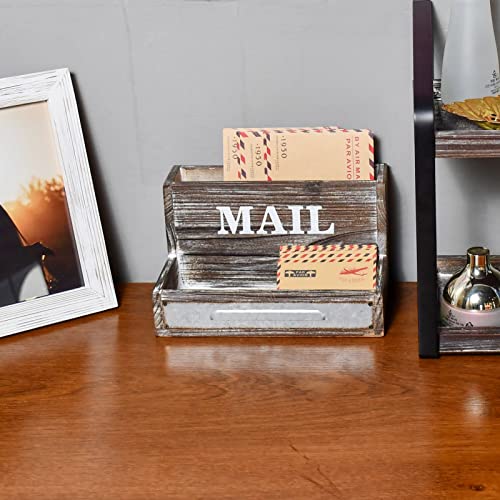 OKSQW Farmhouse Wood Desktop Desk Mail Organizer with 2-Slot Desktop Mail Sorter Holder File Organizer Bill Paper Folder Office Desk Accessories Rustic Office Supplies Home Decor - color: Dark Brown Mail Storage Big