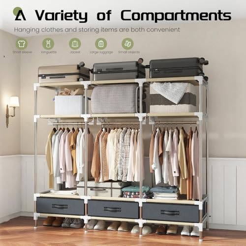 Portable Wardrobe, Freestanding Closet Hanging Organization, Metal Frame with Grey Fabric Cover, 3 Storage Compartments, 3 Hanging Rods, 3 Drawers. - color: Grey