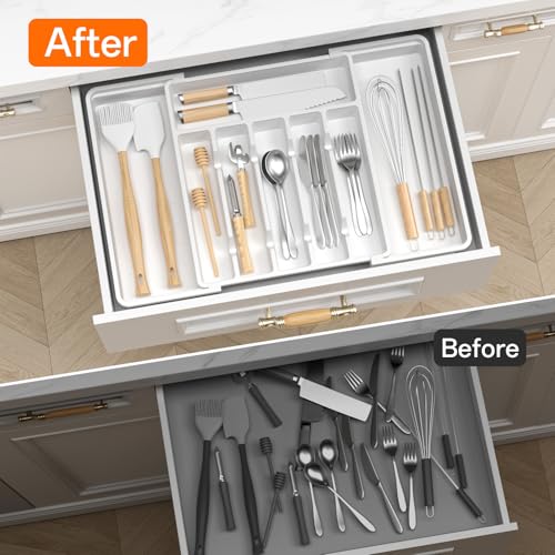 RoomHacks Large Silverware Organizer,Expandable Utensil Drawer Organizer,BPA Free Utensil Holder,Adjustable Silverware Tray Cutlery Drawer Organizer for Kitchen Flatware,Large,White (6-8 Slots) - color: White