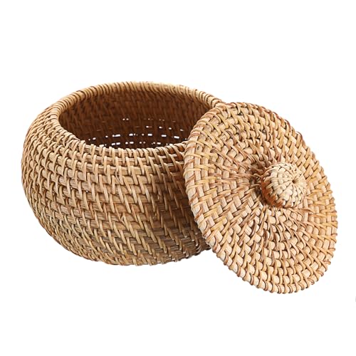 Hipiwe Round Rattan Basket Boxes With Lid Hand-Woven Wicker Storage Baskets Bin Decorative Basket Box Multi-Purpose Picnic Food Bread Basket Small Keys Basket Bowl for Entryway (X-Small,4.7"x3.3") - size: X-Small,4.7"x3.3"