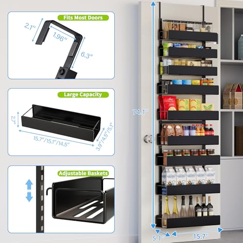 Over The Door Pantry Organizer - 9-Tier Hanging Spice Rack with Metal Shelving for Kitchen Pantry Organization and Storage, Black - color: BlackPlate, size: 9-Tier