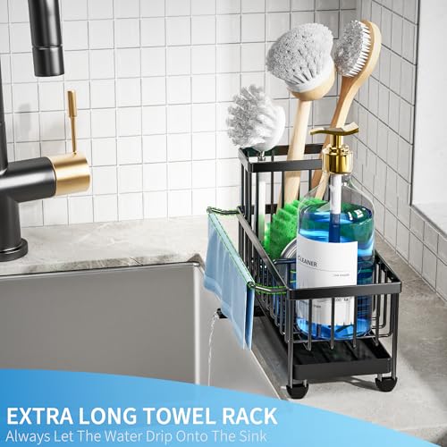 Cisily Sponge Holder for Kitchen Sink, Sink Caddy Organizer with High Brush Holder, Kitchen Countertop Organizers and Storage Essentials, Rustproof 304 Stainless Steel (Black with Towel Rack, 9.25″) - color: Black With Towel Rack