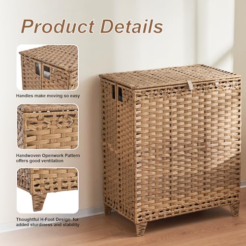 Laundry Hamper with Lid, 190L Large Laundry Basket 3 Section with 6 Removable Liner Bags & 3 Mesh Laundry Bags, Handwoven Rattan Clothes Hamper with Heightened Feet, No Install Needed, Natural - color: Natural