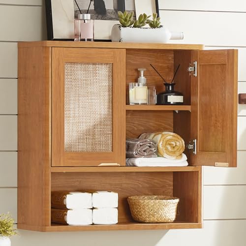 LEYAOYAO Rattan Bathroom Wall Cabinet, Boho Medicine Cabinet with Adjustable Shelf & Doors, Over The Toilet Storage Cabinets Organizer for Laundry Room, Kitchen, Living Room, Tea Brown - color: Teac, size: 7.7"D×23.5"W×24"H