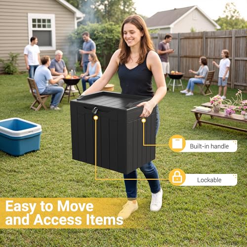 Greesum Outdoor Storage Box 31 Gallon Storage Box with Lid for Patio Furniture, Garden Tools, Pool Supplies, Waterproof and UV Resistant, Lockable, Dark Black - color: Dark Black, size: 31 Gallon