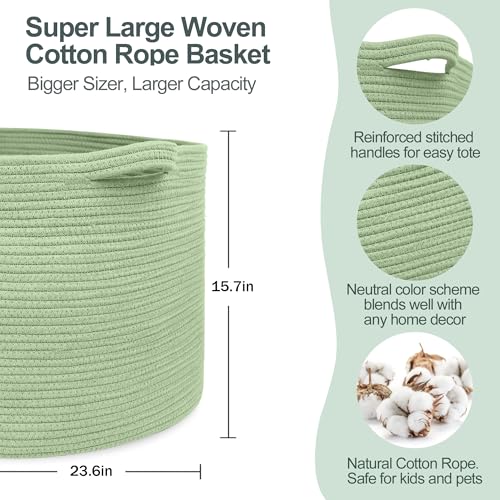 MEGASKET 115L Oversized Green Basket, 23.6"x15.7" Woven Cotton Rope Bin for Blankets, Nursery Wicker Laundry Hamper, Kids Toy Storage Bin, Sage Green Living Room Bedroom Decor Baskets for Organizing - color: Green, size: 23.6"x23.6"x15.7"