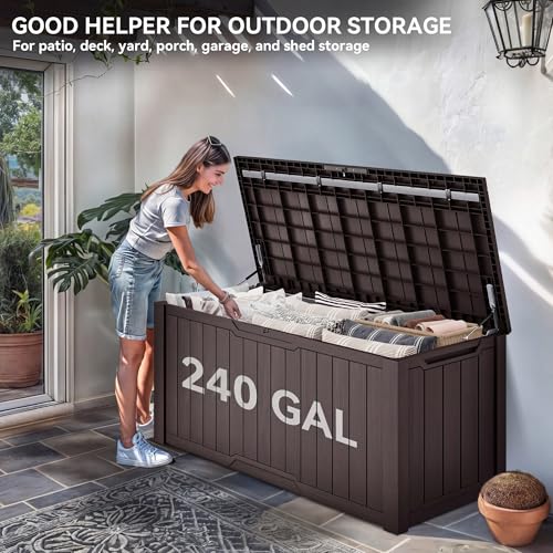 YITAHOME XXL 240 Gallon Large Outdoor Storage Deck Box for Patio Furniture, Outdoor Cushions, Garden Tools and Sports/Pools Equipment, Weather Resistant Resin, Lockable (Dark Brown) - color: Dark Brown, size: 240 Gallon, style: Deck Box
