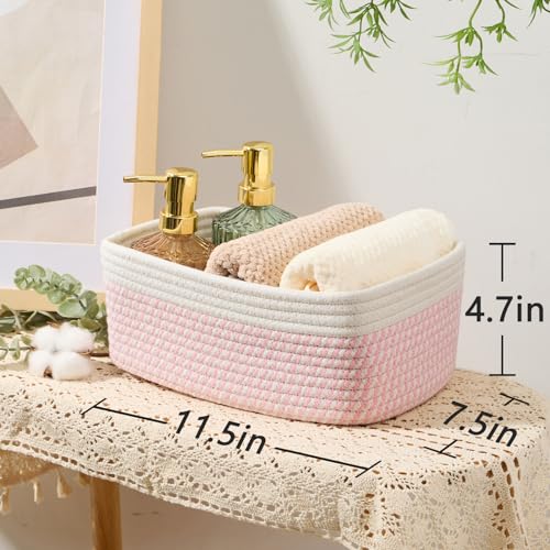 MiniArk Small Storage Baskets for Organizing | Closet Organizer Bins | Shelf Toy Basket | Woven Rope Baskets | Cube Decorative Box | Shallow Basket | 11.5x7.5x4.7” | 3 Packs White Pink - color: Off White/Pink, size: 3pcs-L11.5xW7.5xH4.7"