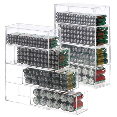 BTSKY 2 Pack Clear Acrylic Battery Storage Organizer for AA, AAA, 9V, C Batteries, 4-Drawer Storage Box Battery Holder Organizer for Common Types Batteries, Household Container(Batteries Not Included) - size: 2 Pack