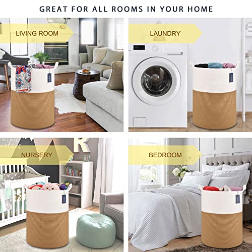 COMSE Extra Large Blanket Basket, Tall Woven Storage Basket, Nursery Hamper, 15.7”x 21.7”, Cotton Rope Laundry Hamper for Toys Clothes Towels, White/Camel - color: White & Camel