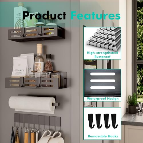 SETBAOO 4 Pack Magnetic Spice Rack for Refrigerator with 4-Hook Rack and Paper Towel Holder, Black Magnetic Shelf and Fridge Kitchen Cabinet Organizers Storage Seasoning Organization Mini Shelves. - size: 4 Pack Black-B