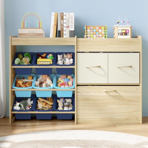 EXPERLAM Toy Storage Organizer for Kids, 9-Bin Toy Organizer with 2-Drawers,Movable Toy Chest and Top Rack, Kids Bookshelf and Toy Storage for Playroom, Bedroom, Nursery, Blue - style: Blue Bins