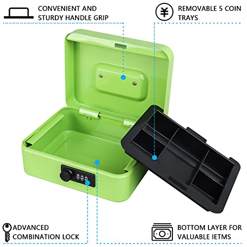 KYODOLED Cash Box with Combination Lock,Safe Metal Box for Money,Storage Lock Box with Money Tray,7.87"x 6.30"x 3.54" Limegreen Medium - color: Limegreen, size: Medium