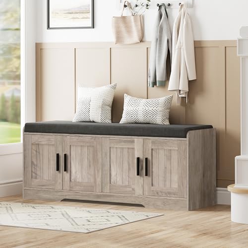 Homleke 2-Tier Storage Bench, Shoe Bench with Thickened Padded Seat Cushion, Entryway Bench with 4 Doors, Adjustable Shelf, 13.8" D x 45.3" W x 18.5" H, for Entryway, Living Room, Bedroom, Greige - color: Greige, size: 45.3"