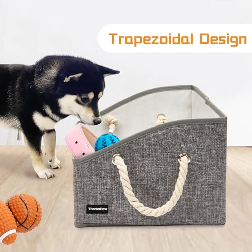 Collapsible Fabric Dog Toy Box and Storage Bin With Handle - Trapezoid Basket Chest Organizer for Pet Toys, Blankets and Accessories - color: Grey