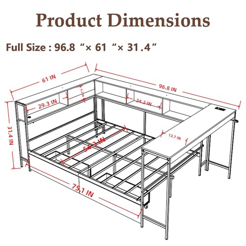 HRVEOCEI Corner Bed Frame Full with Storage Bookshelf & Desk, U-Shaped Daybed Frame with 2 Drawers, Metal Corner Beds with Charging Station & LED Lights for Bedroom, Flip Left or Right (Grey, Full) - color: Grey, size: Full