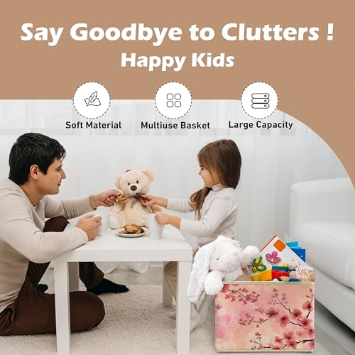 Pastel Pink Cherry Blossom Storage Bin Box with Handles, Aesthetic Pink Oriental Cherry Flower Foldable Linen Fabric Laundry Basket for Home Bedroom Bathroom Clothes Toys Books - color: Floral-I
