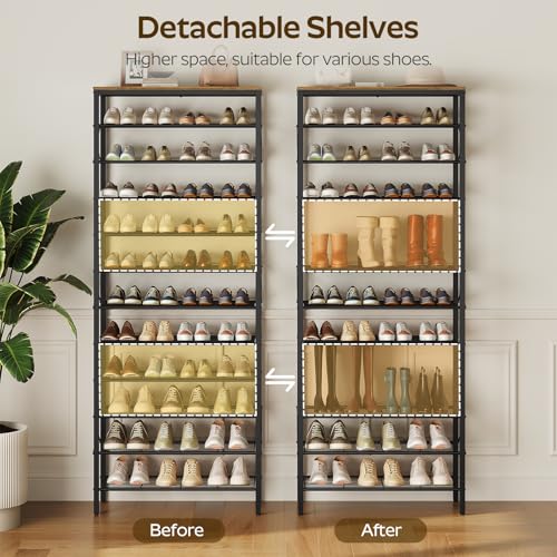 YATINEY 12 Tier Shoe Rack, Large Capacity Shoe Storage Organizer Holds 48 Pairs, Sturdy and Stable, for Entryway, Hallway, Closet, Dorm Room, Rustic Brown SS12BR - color: Rustic Brown + Black, size: 27.8" x 10.8" x 79.3"
