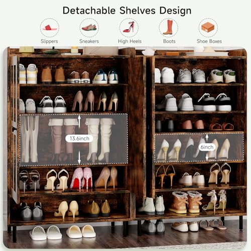 ONBRILL Shoe Storage Cabinet with Cross Molding Doors, 6-Tier Shoe Cabinet with 3 Adjustable Shelves and Metal Legs, 45 Inch Tall Shoes Rack Organizer for Entryway, Front Door, Rustic Brown - color: Rustic Brwon