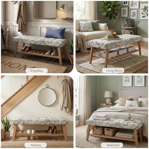 Wooden End of Bed Bench with Shoe Shelf 2 Tier Farmhouse Button Tufted Linen Fabric Upholstered Entryway Bench for Living Room/Bedroom/Hallway/Window Corner, Blue - color: Blue