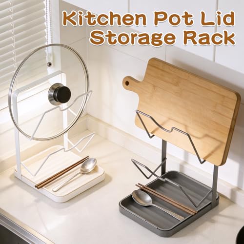 Kitchen Pot Lid Storage Rack, Double-Layer Pot Lid Organizer with Removable Drip Tray,Pot Lid Holder While Cooking,Space-Saving kitchen Countertop Organizer Storage for Pots Pans & Cutting Boards - color: White