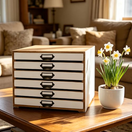 Vintage Wooden Desktop Organizer Cabinet with 6-Drawer Rustic Wood Shelf Drawer Antique Card Catalog Cabinet Distressed Decor Jewelry Cosmetics Craft Paper Storage Box for Home Office (White) - color: White