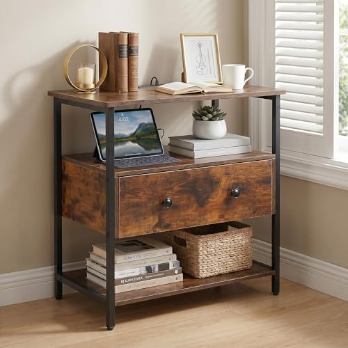 Edbuosy 27 Inch Wide Night Stand with Charging Station, Wood Nightstand with Open Shelf, Large Drawer Bedside Table for Living Room/Bedroom/Office (Retro Brown) - color: Retro Brown, size: 1 Drawer