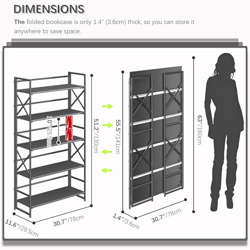 4NM Extra Wide 5 Tiers No Assembly Book Shelves, 51.2" H Folding Bookshelf Bookcase Open Industrial Foldable Shelves for Bedroom, Living Room, Home Office - All Black - color: All Black, size: Wide XX 5-Tier