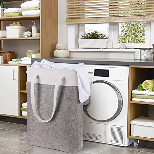 i BKGOO Laundry Basket with Handles white&Grey Coffee-Slim Laundry Bin Collapsible Dirty Clothes Basket Narrow Laundry Bag Foldable Dirty Hamper for Camping, Dorms, Apartments - color: white&Grey Coffee