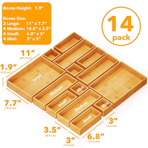SpaceAid 14-Piece Bamboo Drawer Organizer Storage Boxes Set, Wood Tray Junk Drawer Organizers Multi-Use Divider Bins for Kitchen, Bathroom, Office Desk and Makeup Organization (14 Pack, Natural) - color: Natural