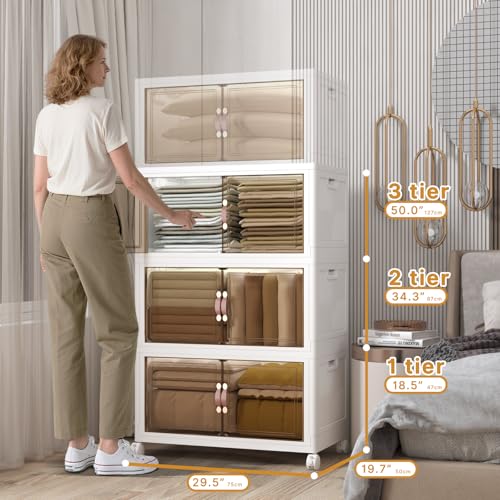 UAMFURI Extra Large Stackable Storage Bins with Lids & Wheels, 504QT-168QT/42GAL*3Pack Foldable Collapsible Closet Organizers Storage Cabinet with Doors for Bedroom Dorm - color: white, size: 3PACK-30"W20"D50"H
