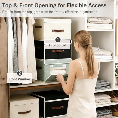 Storage Bins Box with Lids Front Opening Window Decorative Cotton Linen Fabric Basket PU Leather Handles Washable PP Plastic Board Foldable Shelf Closet Organizer Container (Beige, Large) - color: Beige, size: Large ( Pack of 1 )