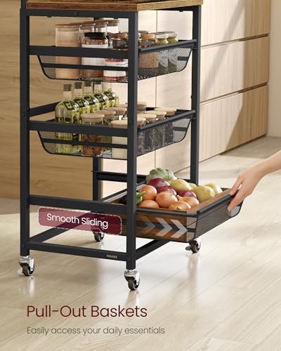 VASAGLE Storage Rolling Cart with Pull-Out Baskets, 4-Tier Utility Cart Orgnizer with Wheels for Laundry Room, Kitchen, Handle, 12.5 x 15.8 x 29.9 Inches, Rustic Brown and Ink Black ULRC040K01 - color: Rustic Brown + Ink Black, size: 4 Tiers