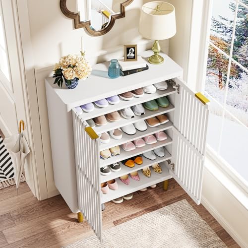 Tribesigns 6-Tier Shoe Cabinet with Shutter Doors, Large Wooden Shoe Organizer Rack with Adjustable Shelves, Modern Farmhouse Hidden Storage Furniture for Entryway, Hallway (White) - color: White