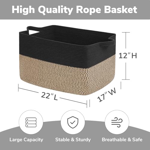 Goodpick Large Blanket Basket, 22" x 17" x 12" Wicker Storage Baskets for Organizing, Rectangle Nursery Basket for Toys Storage, Dirty Clothes Baskets for Living Room, Bedroom - color: Black, size: 22"L x 17"W x 12"H