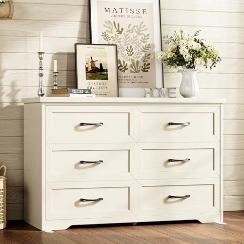AODK Farmhouse 6 Drawer Dresser for Bedroom, 47” Wide Rustic Storage Dresser with Engineered Wood Frame, Anti-Tip Safety Chest, American Country Bedroom Furniture, Vintage White - color: Vintage White, size: 15.7"D x 47"W x 30.4"H (6 Drawers)