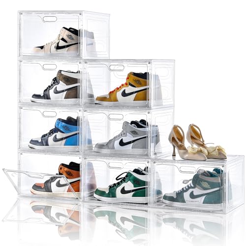 Amllas 8 Pack Shoe Boxes Clear Plastic Stackable, Large Shoe Storage Organizer with Lids,Drop Side Shoe Containers for Entryway,Sneaker Storage Fit up to US Size 13 (13’’x 10.6”x 8.3”) - color: Clear
