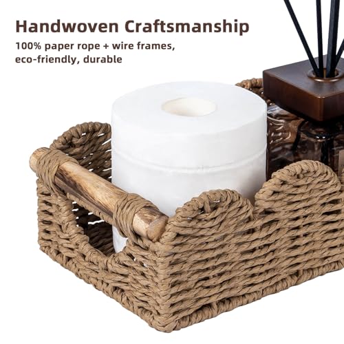 CubesLand Bathroom Basket Organizer w/Cut Out Handle, Back of Toilet Paper Storage Baskets Tray for Bathroom Countertop Decorative, Scalloped Wicker Basket Also for Home Decor, Living Room, Neutral - color: Neutral