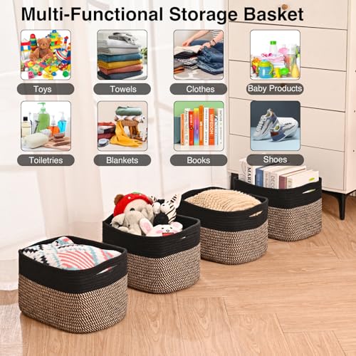ICERZCZ Storage Baskets for Shelves Organizing, Woven Cotton Rope Baskets for Storage, Book Basket, Decorative Shelf Basket, 12.5"Lx9.1''Wx7.9''H (4 Packs) Black & Jute - color: Black & Jute, size: 12.5"(l)×9.1"(w)×7.9"(h)