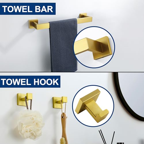 5 Pieces Bathroom Hardware Accessories Set Brushed Gold, 16Inch Bathroom Towel Rack Set SUS304 Stainless Steel, Square Bath Towel bar Set Heavy Duty, Wall Mounted - color: Brushed Gold, size: 16" 5pcs