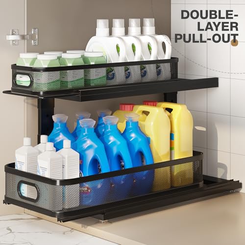 2 Pack 21IN-Depth Under Sink Organizer With Next-Gen Ball-Bearing Slides,2-Tier Precision Mesh Pull Out Cabinet Storage for Bathroom&Kitchen,Height Adjustable Drawers Shelf,Anti-rust-Black - color: Black, size: 2 Pack-21"Dx12.4"-16.5"H