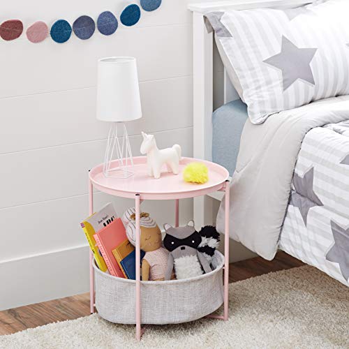 Amazon Basics Round End Table with Storage Bin, Easy Assembly, Bedroom Accent Table, 17.7"D x 17.7"W x 18.9"H, Dusty Pink | Side Table, with Cloth Basket, Storage - color: Dusty Pink