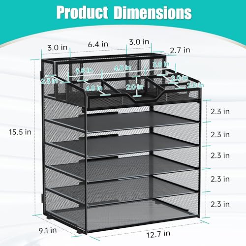 6 Tier Mesh Desk Organizer,Multi Functional Letter Paper Tray with 3 Pen Holders and 5 Adjustable Storage Compartments for Office Supplies Files and Mail Space Saving Desktop Organizer-Black - color: 6 Tier-black