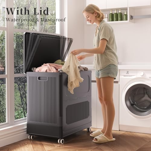 HAIXIN HOME 130L Rolling Laundry Hamper with Lid, Large Plastic Laundry Basket for College Dorm, Foldable Stackable Dirty Clothes Hamper Organizer for Industry, Bedroom, Living Room, Bathroom - Black - color: Black, size: 130L - 1 Pack