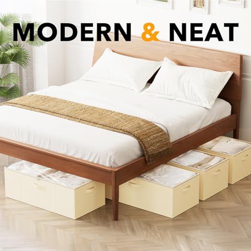 SpaceAid 4 Pack 10" High Under Bed Storage Containers, Large Underbed Storage Organizer Bins with Lids for Bedroom, Dorm, Clothes, Closet Organization, Bed Sheets and Blankets (Beige) - color: Beige