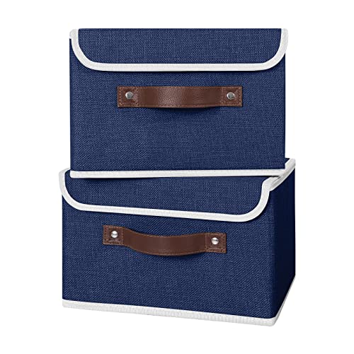 ANMINY 2PCS Storage Bins with Lid PU Leather Handles Storage Boxes PP Plastic Board Decorative Foldable Lidded Cotton Linen Fabric Home Cubes Baskets Closet Organizer Containers - Blue, Small Size - color: Blue, size: Small (Pack of 2)