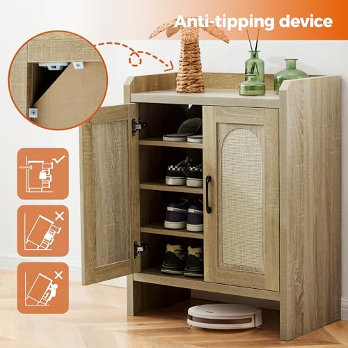 Mericonia Shoe Cabinet Storage for Entryway, Natural Rattan Shoe Storage Cabinet, Wooden Shoe Rack Cabinet, Farmhouse Boho Wood Shoe Organizer Cabinet for Hallway - color: Natural, size: 5-tier
